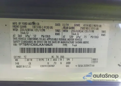 2020 Ford Transit z USA, uszkodzony, nr VIN 1FTBR1C8XLKA10825